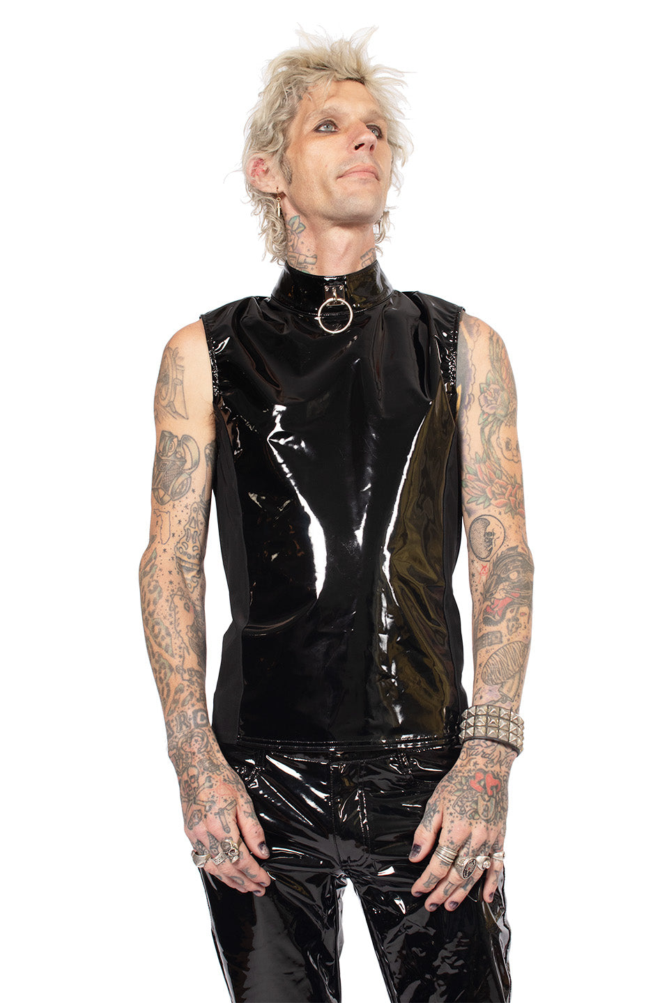 Men's O-ring Collar Sleeveless Vinyl PVC Shirt-Tops-Lip Service