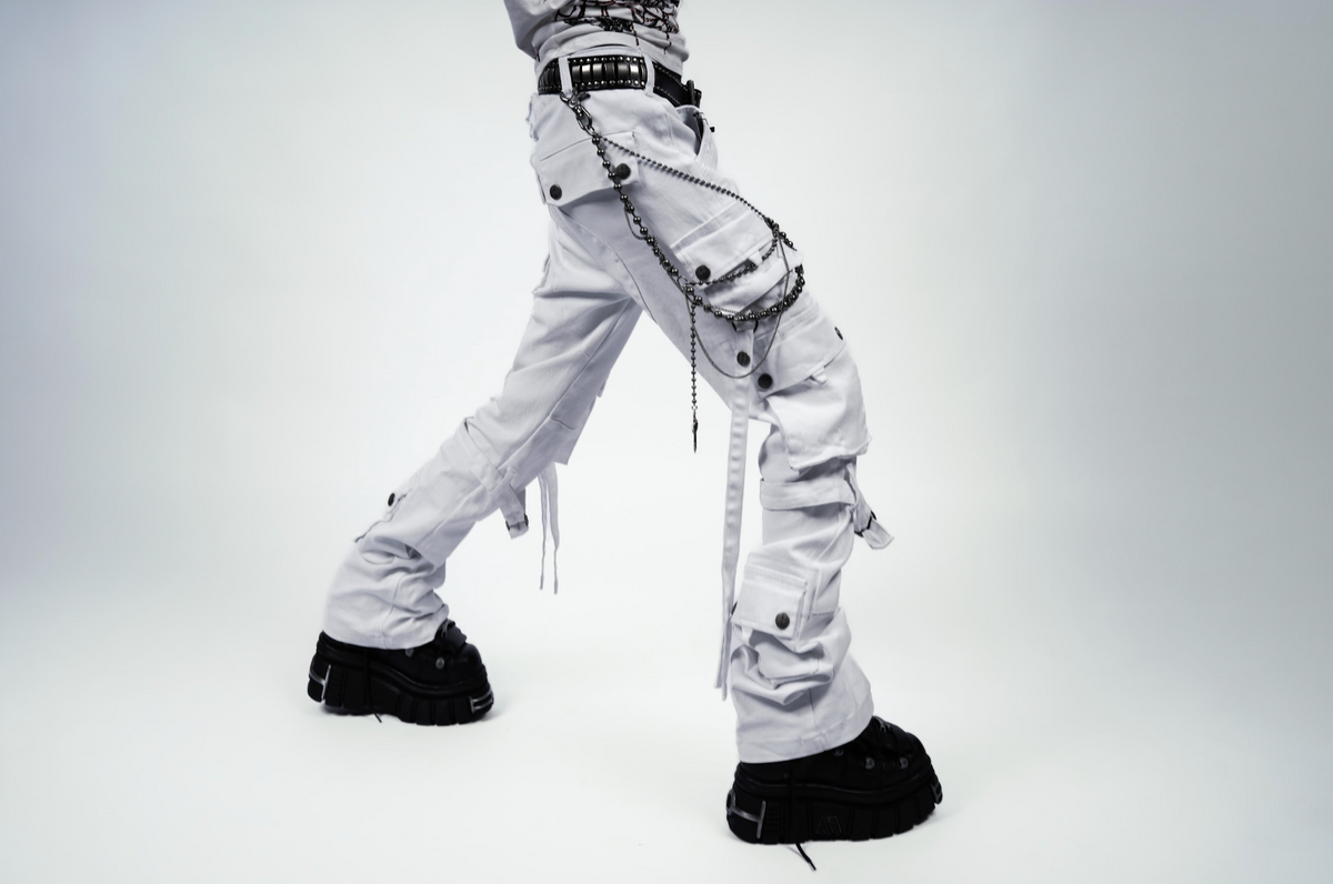 Future Division Wasted Waxed Unisex Cargo Jeans in White-Bottoms-Lip Service