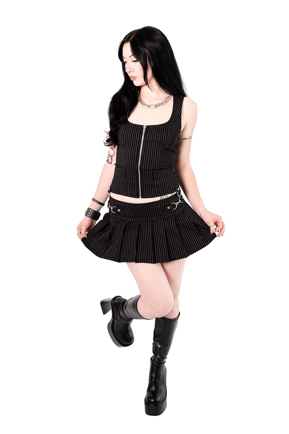 Pinstriped Gangsta Pranksta Pleated Skirt - Dita-Skirts-Lip Service