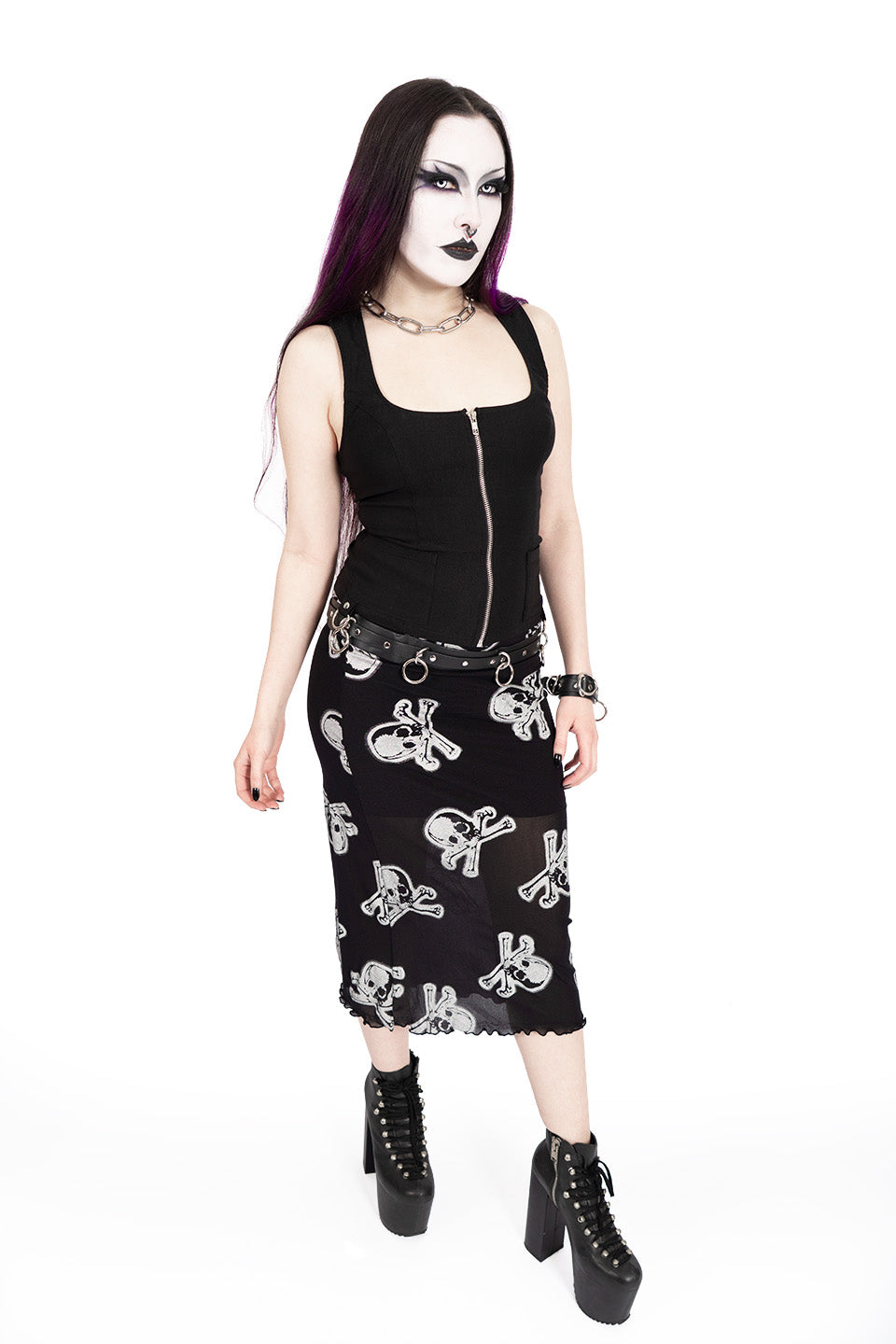 Silver Skully Mesh Midi Skirt-Skirts-Lip Service