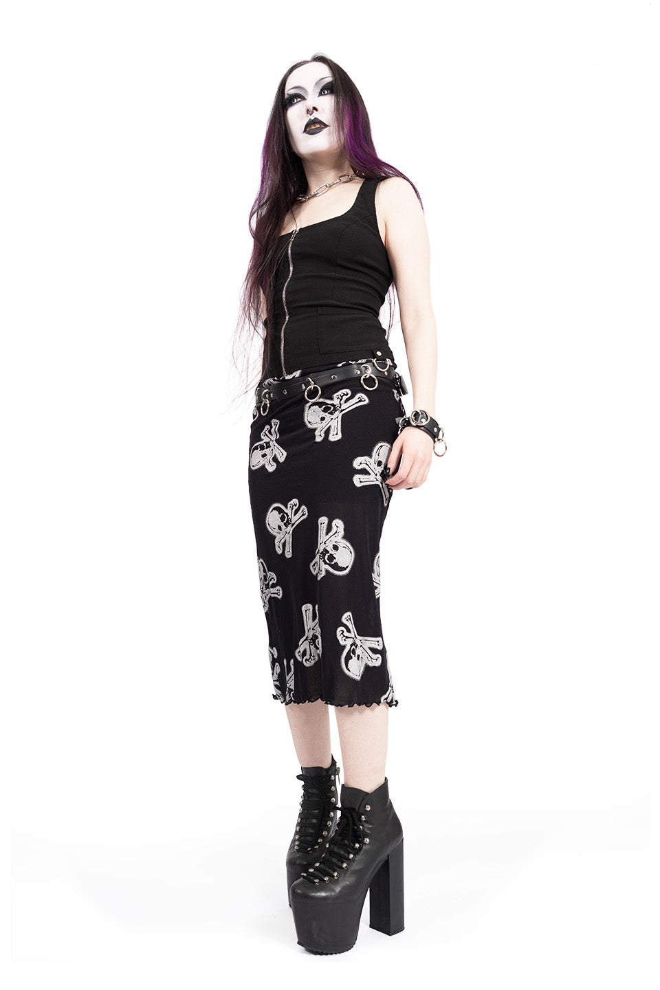 Silver Skully Mesh Midi Skirt-Skirts-Lip Service