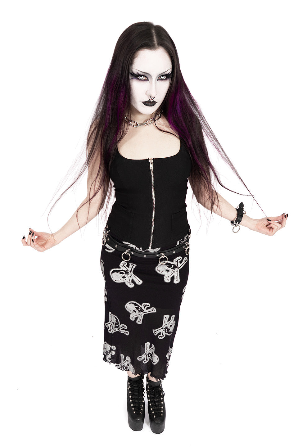 Silver Skully Mesh Midi Skirt-Skirts-Lip Service