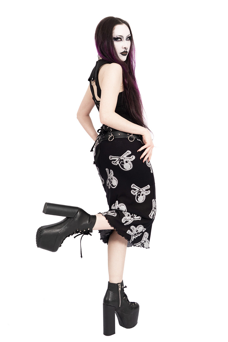 Silver Skully Mesh Midi Skirt-Skirts-Lip Service