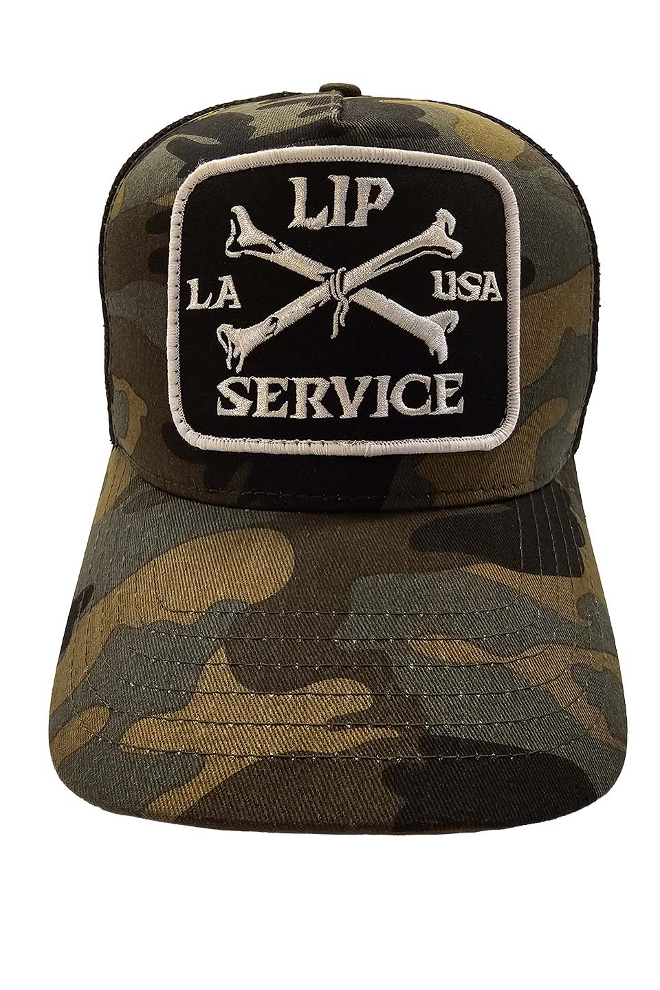 Cross Bones Patch Camo Trucker Snapback Hat-Accessories-Lip Service