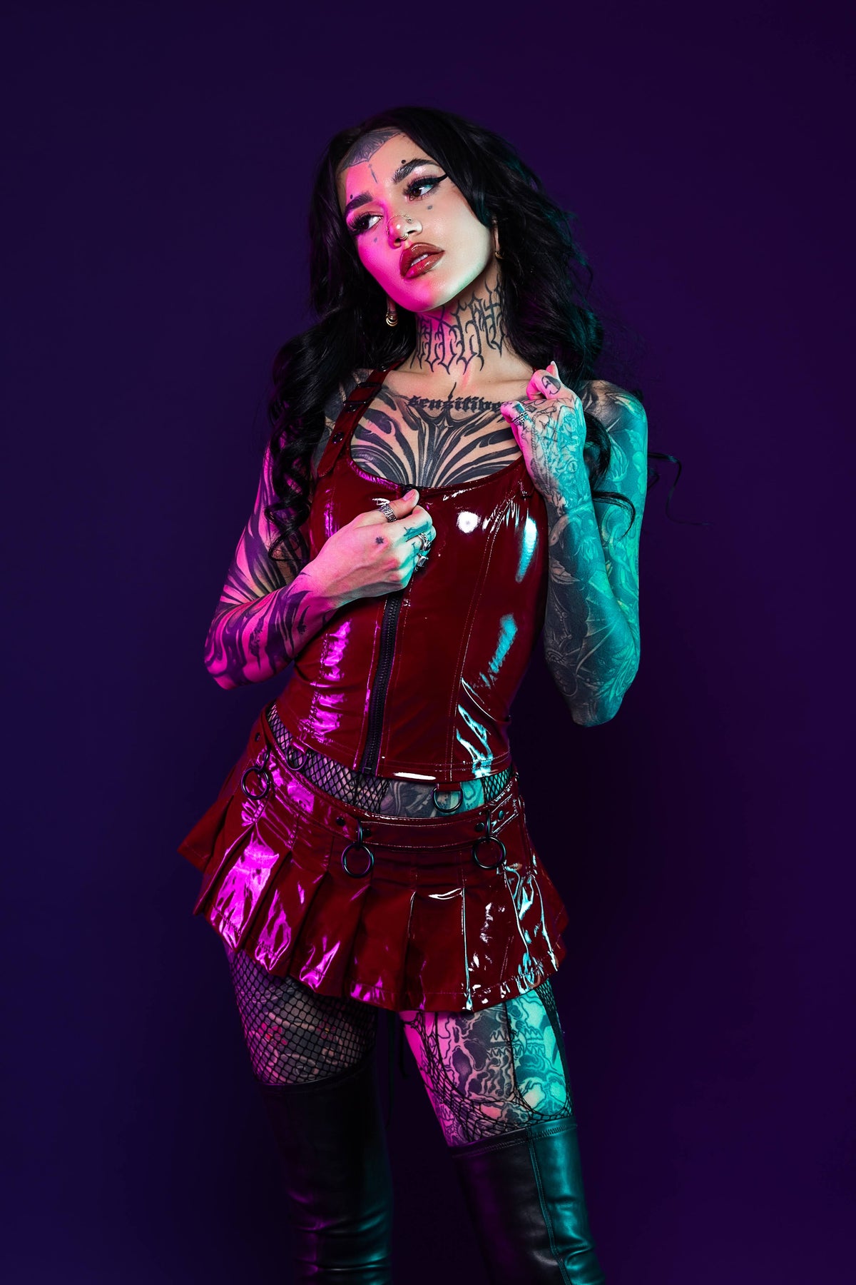 Vinyl Pleated Micro Mini Bondage Skirt in Vampire Red-Bottoms-Lip Service