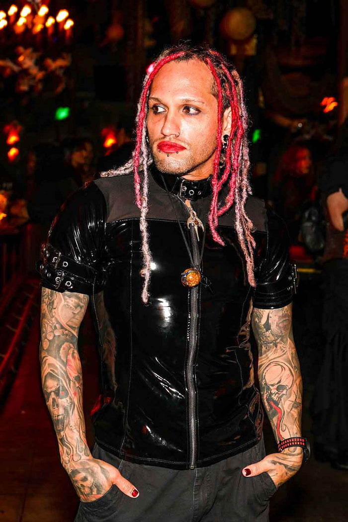 Lip Service Men's Short Sleeve Vinyl and Mesh Buckle Shirt Lip