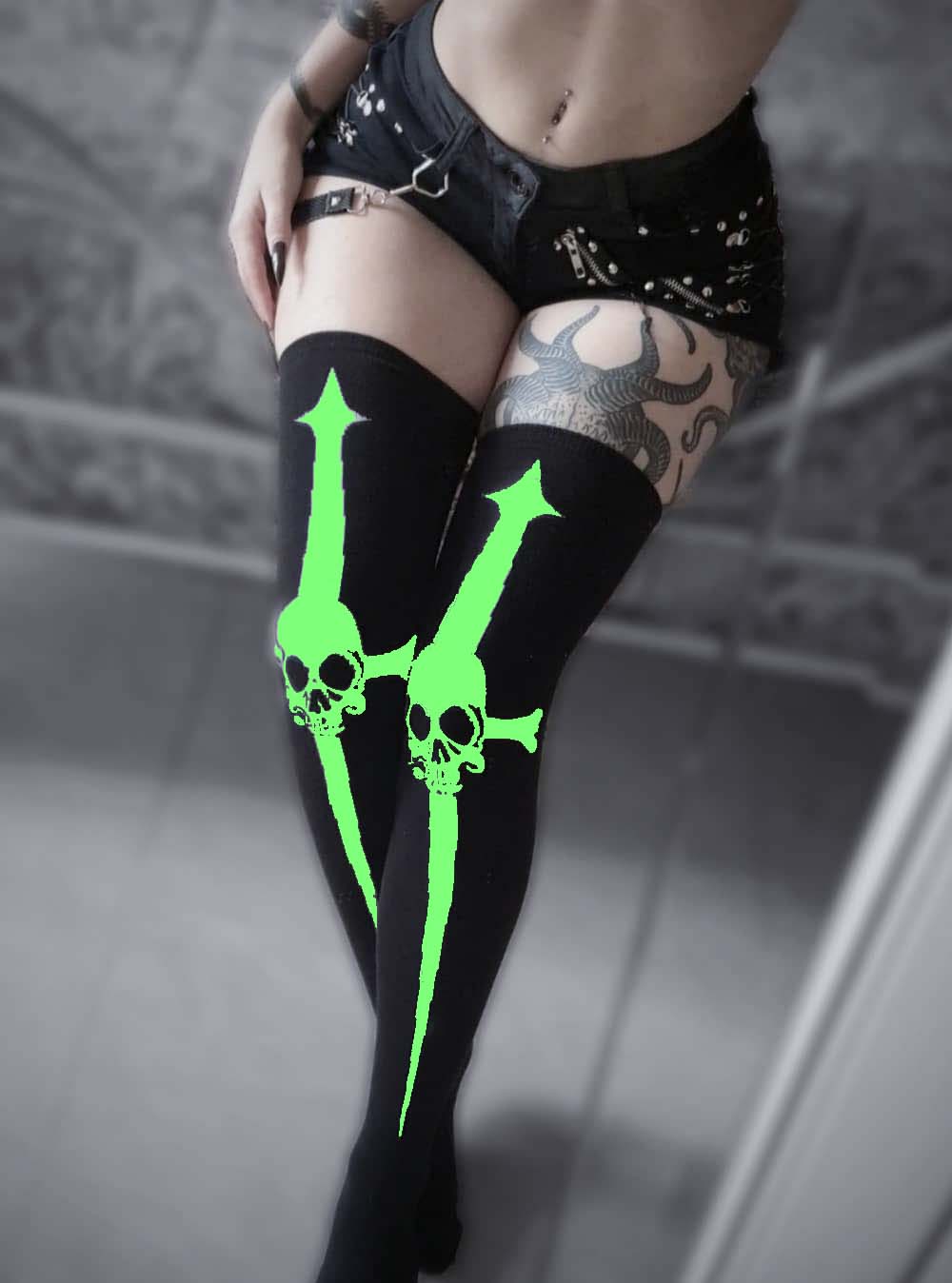 Dagger Thigh High Socks CYBER GREEN-Accessories-Lip Service