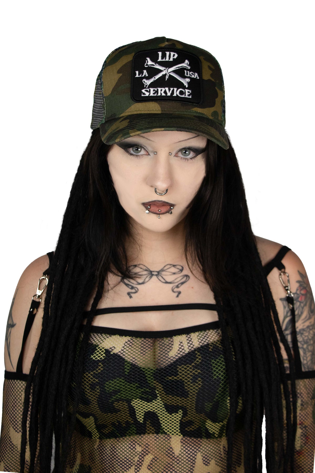 Cross Bones Patch Camo Trucker Snapback Hat-Accessories-Lip Service