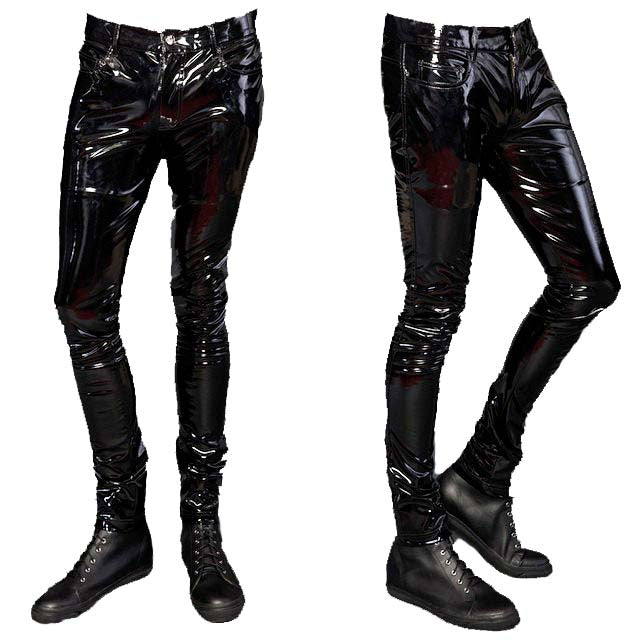 Fashion Black Men's Wetlook PVC Pants Over Crotch Zipper Liquid Trousers  for Men Motorcycle Leather Pants